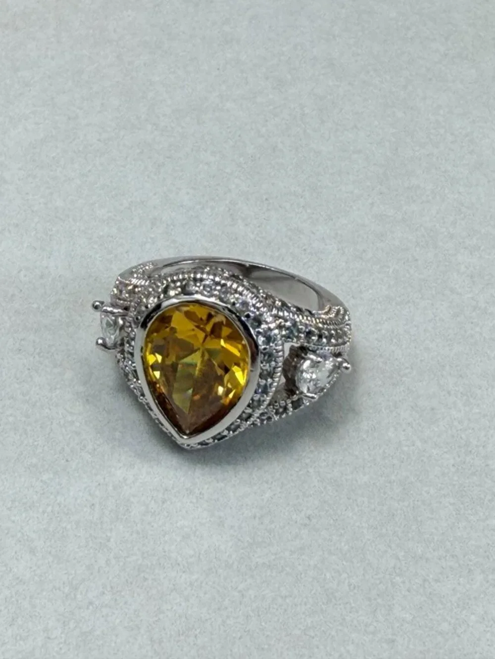 Silver Tone Citrine Glass Cocktail Ring Statement Vintage Style